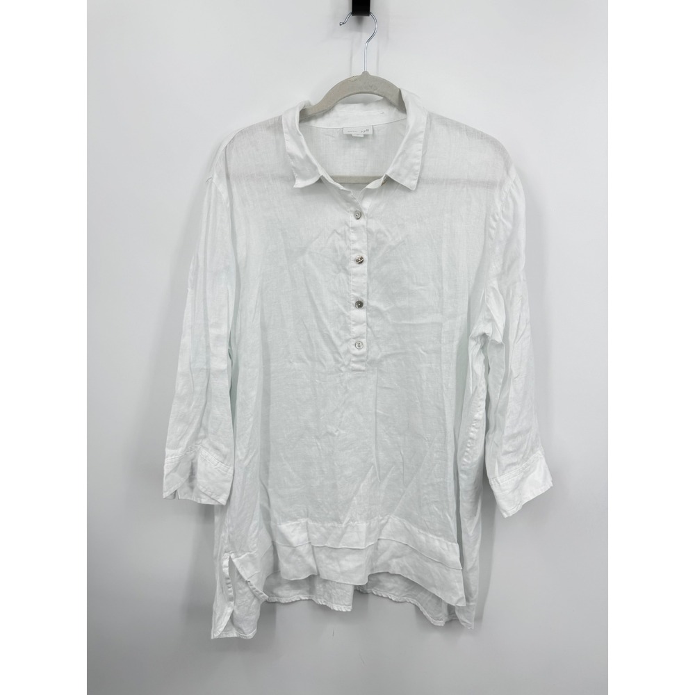 J. Jill Love Linen Tunic Top Womens XL White 3/4 Sleeve Button Front Layered Hem